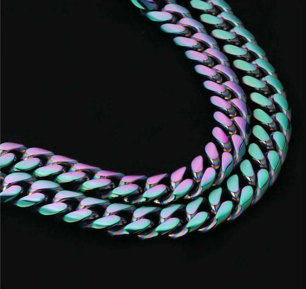 

new design hip hop rainbow color stainless steel cuban chain jewelry hip hop cuban link chain necklace, Silver