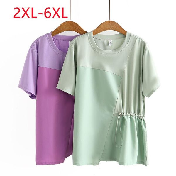 

t-shirt large women's summer 2022 new slim round neck drawstring splice green short sleeve plus size tshirt 2xl 3xl 4xl 5xl 6xl, Black