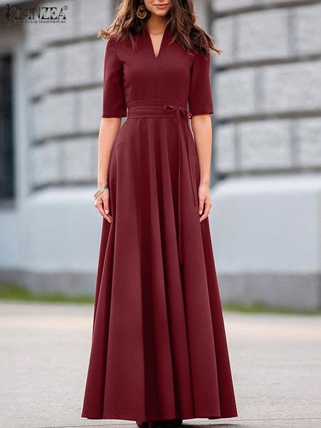

dresses zanzea elegant women maxi long dress summer v neck half sleeve party sundress fashion solid aline holiday vestidos robe femme, Black;gray