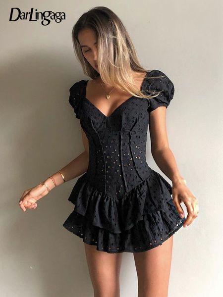 

casual dresses darlingaga fashion v neck ruffles pleated dress women puff sleeve chic black summer dress party hollow out vintage corset lad, Black;gray