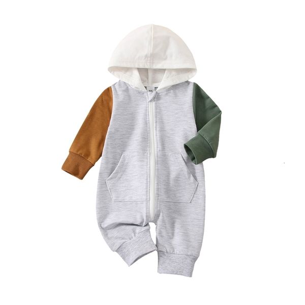 

rompers autumn born infant baby boys girls rompers 0-18m patchwork hooded long sleeve zipper romper jumpsuits costume 230418, Blue
