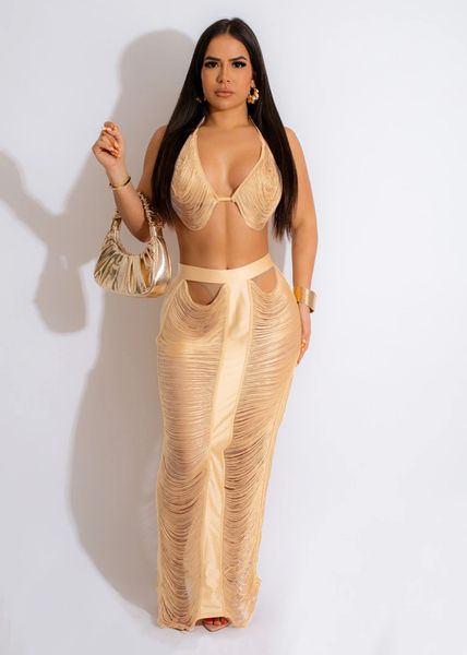 

two piece dres's bikini swimsuits outfits crochet tassel bra hollow out maxi skirt set 2023 holiday beach long dress 230418, White
