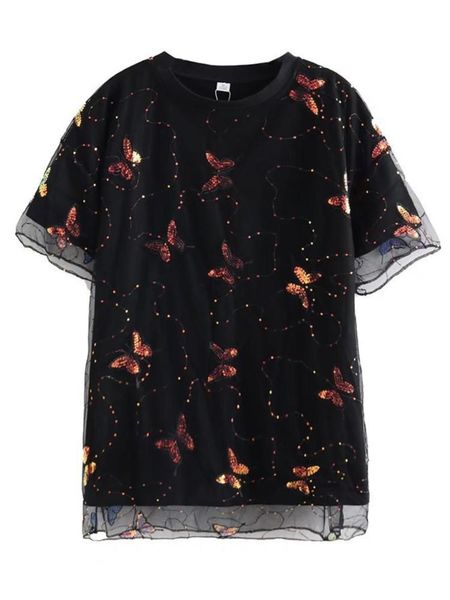 

t-shirt plus size femme t shirt women clothing cotton splicing mesh design sequined summer casual oneck tees, Black