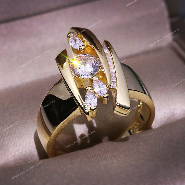 

luxury gold color geometric shape women rings hiphop party stylish female finger rings dazzling cz lady's fashion jewelry fashion jewel, Golden;silver