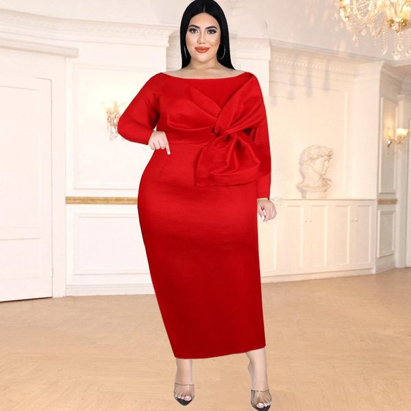 

dresses plus size women clothing winter long dress red elegant curve off shoulder autumn long sleeve evening party dress cute bow, Black