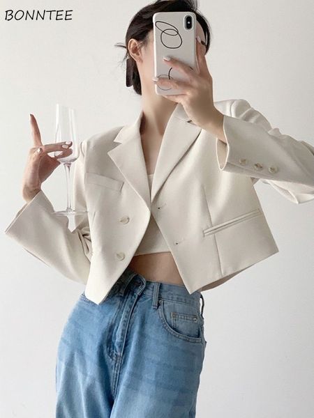 

women's suits blazers cropped blazer slim office lady spring chic temperament solid design korean style overcoats casual allmatch 23041, White;black