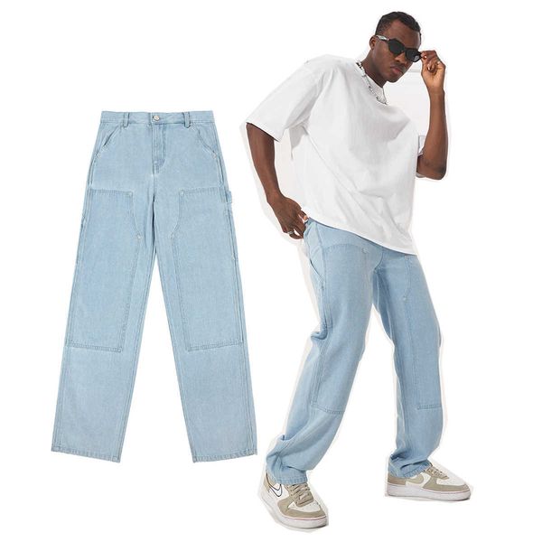 

men's solid double knee work jeans denim painter custom carpenter cargo pants, Blue