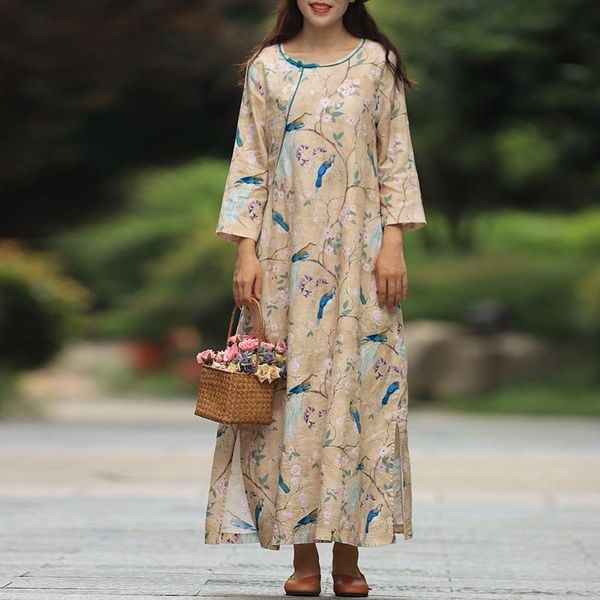 

dresses johnature women vintage ramie dresses oneck seven sleeve chinese style robes button 2021 spring new loose female clothes dress, Black;gray