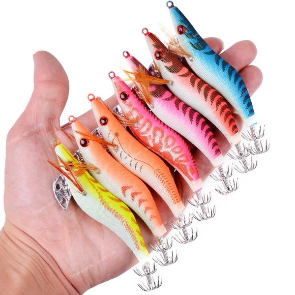 

1set kinds of wood shrimp squid fishing bait 2.5 -3.0 hook wooden shrimp luminated squid jigs sea fishing lures artificial lures fishingfish