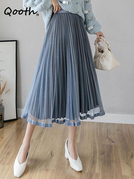 

dresses qooth 2022 spring women gauze mesh pleated skirts casual elegant highwaisted midlength aline skirt korean fashion qt1243, White;black