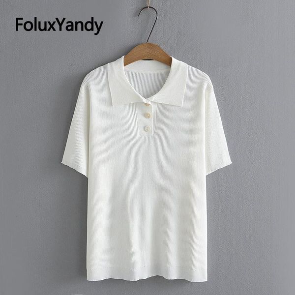 

t-shirt turndown collar women summer plus size short sleeve casual knitted tshirts black white kkfy6048