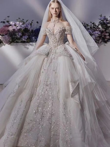 

lace ball gown wedding dress vintage long sleeves arabic high neck wed dresses beaded crystal appliques beaded long bridal wedding dresses v, White
