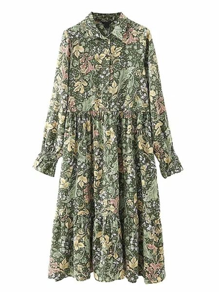 

dresses autumn women green leaf printing loose midi dress female turndown collar long sleeve clothes casual lady vestido d6782, Black;gray