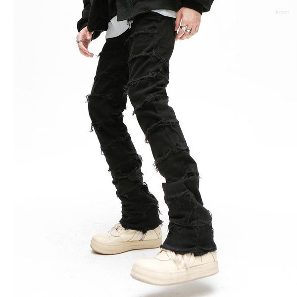 

men's jeans mens retro patchwork flared pants grunge wild stacked ripped long trousers straight y2k baggy washed faded for men u2q6, Black