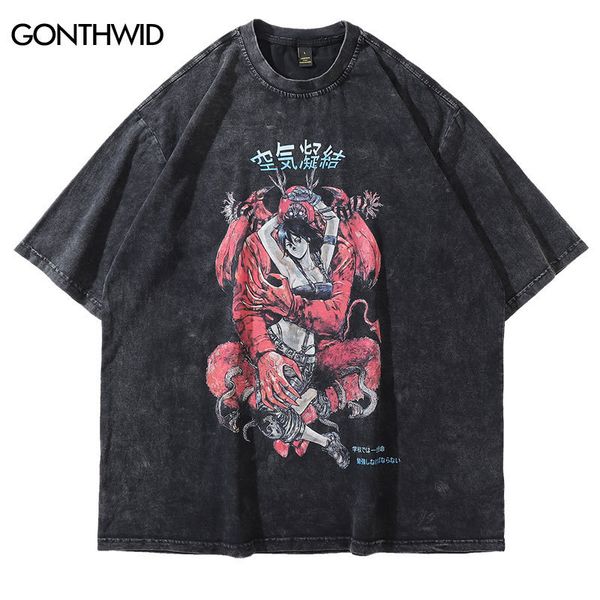

mens tshirts distressed oversize tshirt streetwear vintage japanese style anime cartoon print short sleeve tshirts hip hop casual cotton 230, White;black