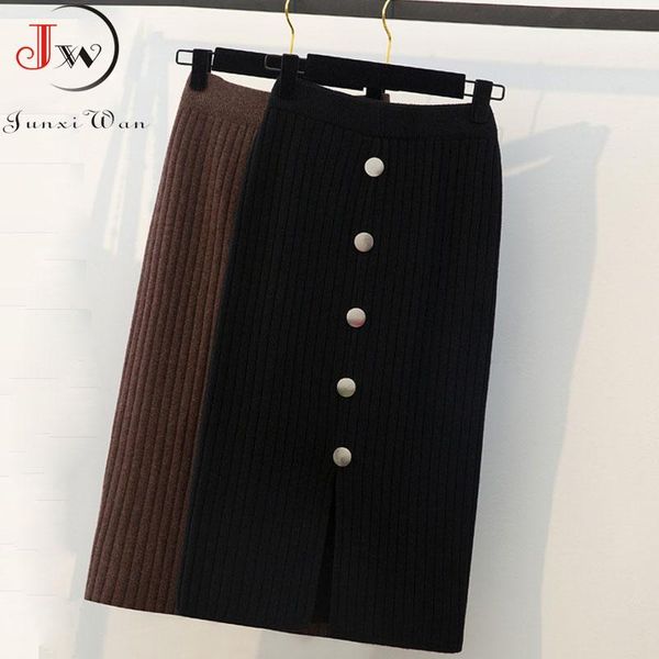 

dresses women knitted long skirt 2022 fashion elastic waist office lady bodycon winter slim elegant black pencil skirts saias, White;black