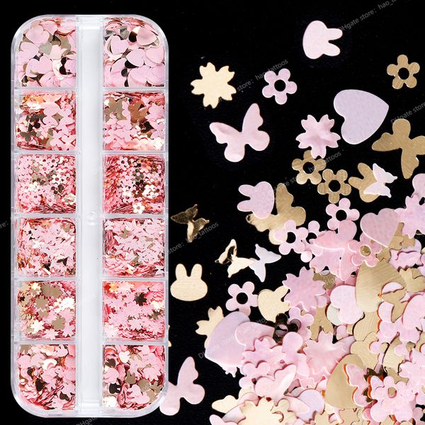 

pink gold butterfly sequin nail art decoration kit 3d flake flower heart nail accessories for uv gel manicure design nail artrhinestones dec, Silver;gold