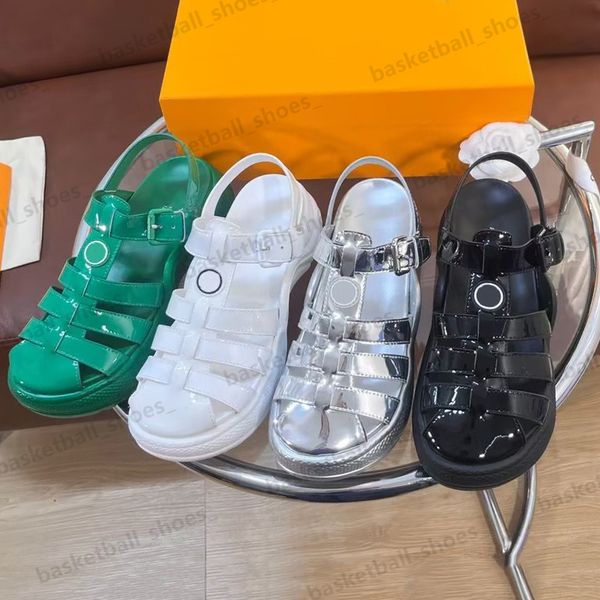 

summer women designer buckle sandals platform shiny and smooth sandal black white greem pool slides size 34-41