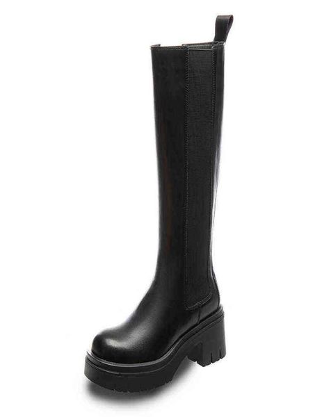 

2022 new slim full leather cavalry boots women039s thick heel martin boots knee high bottom chelsea boots6570137, Black