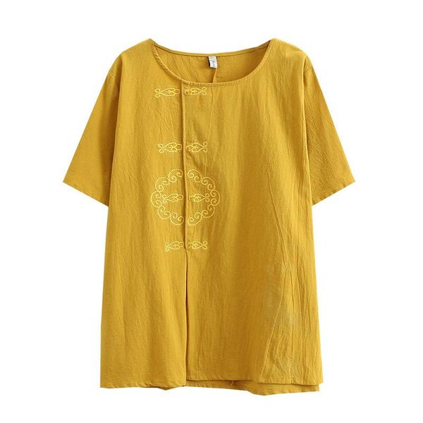 

t-shirt summer tshirt women clothes tees 2021 casual plus size short sleeve folk embroidery washed cotton camiseta mujer, Black