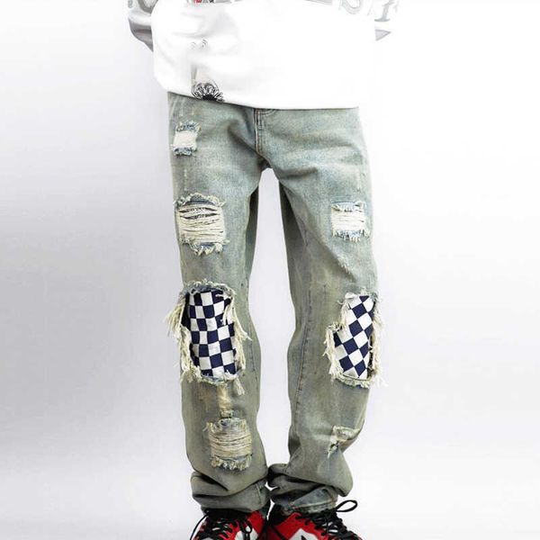 

custom high street men jeans feet knee hole ripped patchwork distressed pant slim fit patch stylish denim pants, Blue