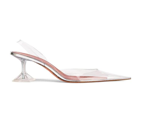 

italy shoes amina muaddi holli glass heel pumps clear pvc upper leather sole slingback strap flared heel shoes2279523, Black