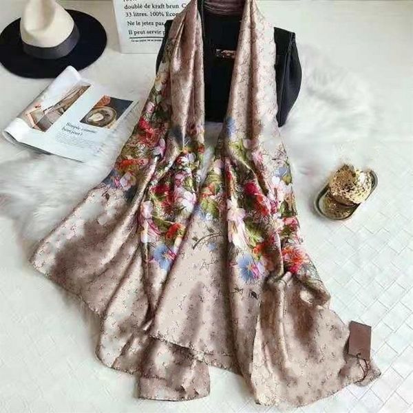 

2021 nice quality classic floral 100% silk scarf for women new spring design flower style long scarves scarfs wrap with tag 180x90316q, Blue;gray