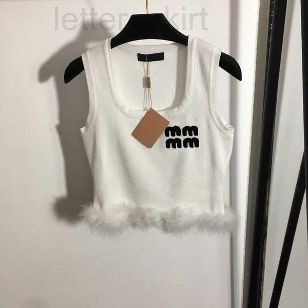 

women's t-shirt luxuriousostrich hair knitted vest t shirts for women embroidery letter sleeveless knitting hoodie ladies tees design p, White