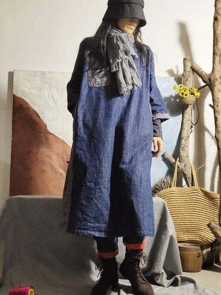 

dresses johnature women denim embroidery vintage dresses oneck seven sleeve blue 2022 spring new women clothes loose robes, Black;gray