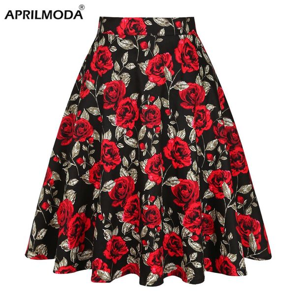 

dresses 2021 cotton rose tunic midi skirt rockabilly summer floral korean casual school 2022 high waist 50s 60s women skirt, Black;gray