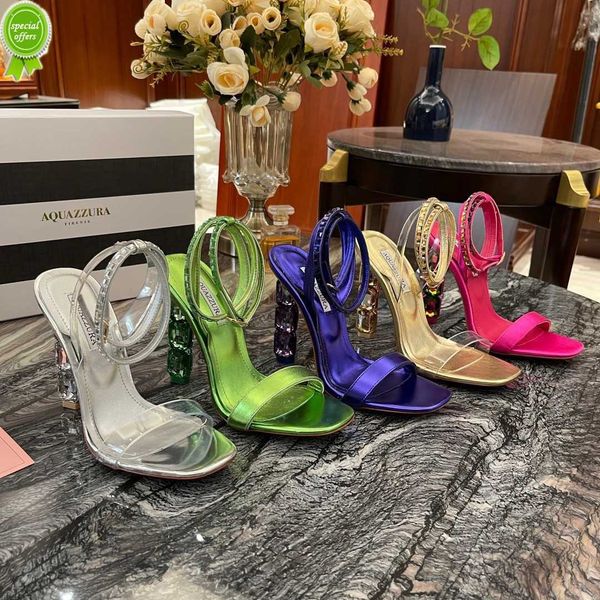

designer sandals crystal heel aura sandals luxury designer aquazzura rhinestone decorate high heels dress shoes fashion transparent pvc .5, Black