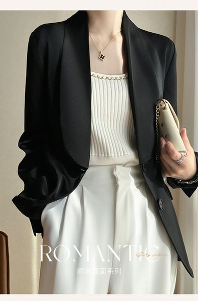 

women's suits blazers 2023 satin thin style jacket female small man summer 20 green fruit collar acetic leisure commuting office 230418, White;black