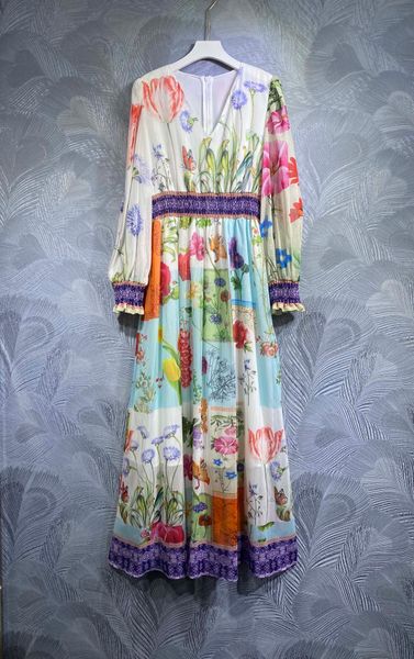 

designer dress bohemian vacation style long dress with a slim temperament, chiffon long dress, plant flower color matching, niche printing, Black;gray