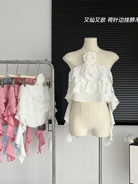 

women's tanks camis summer women camis backless design stacked ruffle suspender vest crop streetwear aesthetic french vintage fashion 2, White