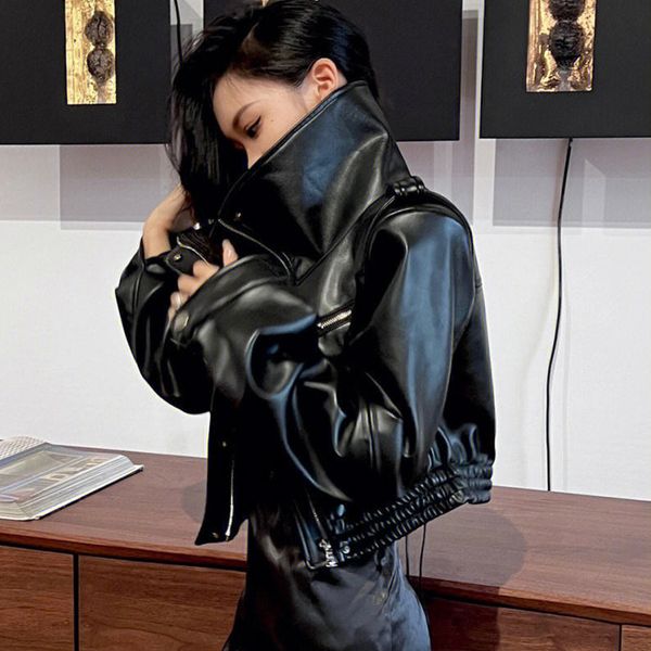 

women's leather faux 1pcs short pu jackets coat 2023 autumn fashion fur zipper splicing turtleneck ladies skinny locomotive coats 23041, Black
