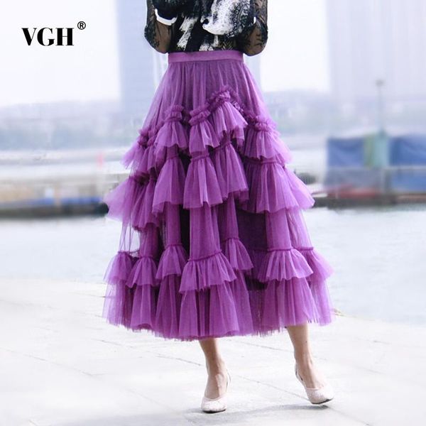 

capris vgh casual purple patchwork ruffle ball gown for women high waist design solid elegant mesh skirts female summer fashion clothes, Black;white
