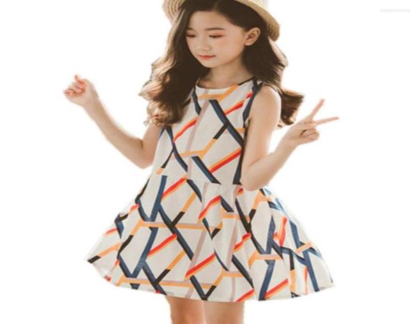 

girl dresses kids summer geometric pattern sleeveless dress for girls fancy teens round collar cotton clothes 4 to 13 years9994762, Red;yellow