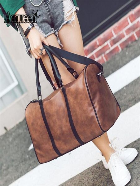 

aequeen traveling tote duffle handbag men women large travel bag pu leather luggage bag retro shoulder13630245