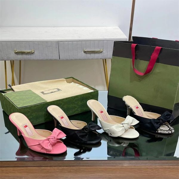 

2023 bowknot high heel sandal slipper designers shoes slides shoe luxury brands women's shoes imported fabric genuine leather large hee, Black