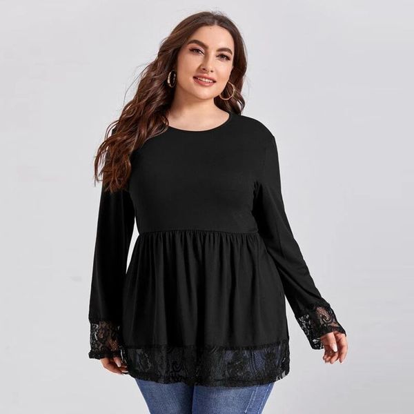 

t-shirt plus size tee shirt women spring autumn long sleeve lace patchwork black casual blouse shirt long peplum