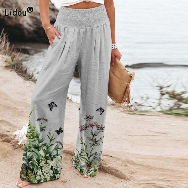 

capris fashion printing pockets straight trousers spring street casual summer elastic high waist loose wide leg pants women's clothing, Black;white