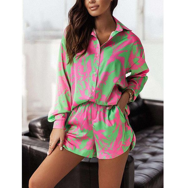 

women's sleepwear shorts suit women's summer pajama set 2 pcs print ladies long sleeve sleepwear suit single breasted pijama suit, Black;red