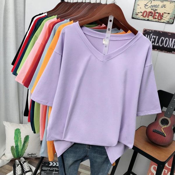 

t-shirt ebaihui plus size t shirt solid v neck tshirt 100% cotton l6xl short sleeve women's basic summer couple oversized t shirts, Black
