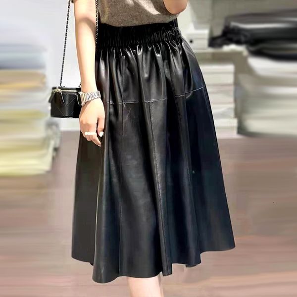

skirts ruffle elastic high waist sheepskin pleated skirt a-line long skirt genuine leather umbrella skirt plus size women y2k 230418, Black