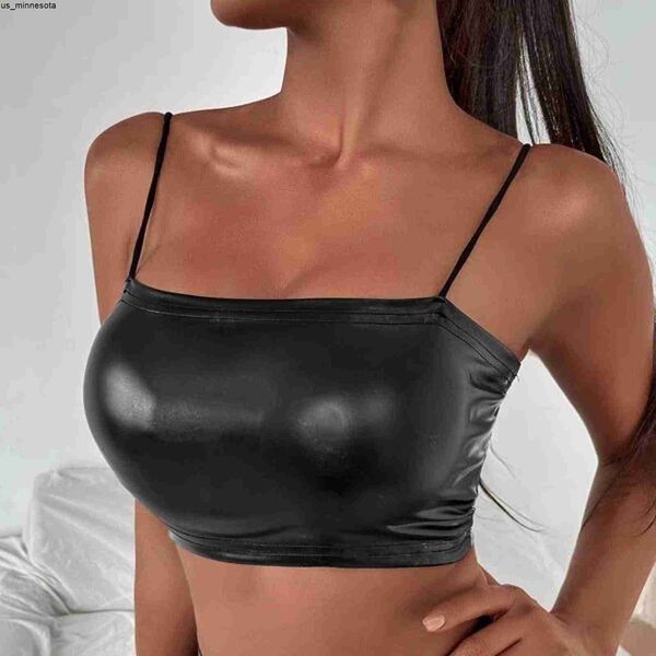 

diy tanks camis women glitter erotic tank strappy tank ladies patent leather vest spaghetti strap short 2022 j230418, Black