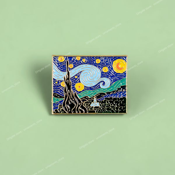 

van gogh's masterpiece paintings starry sky brooch romantic illusion artworks sunset mountain village enamel pins jewelry fashion jewel, Gray