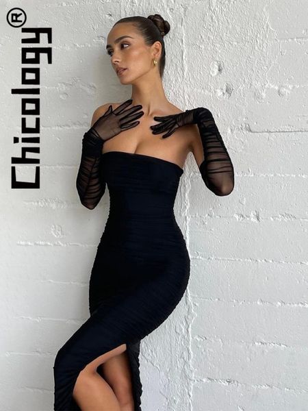 

dresses chicology 2022 women midi slit strapless dress with gloves y2k solid reched mesh elegant prom party evening summer cloth, Black;gray
