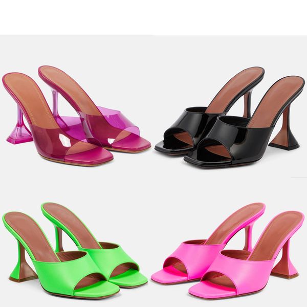 

modern women's sandals transparent pvc lacquer leather made in italy horseshoe high heel slippers summer women show charm eu35-42, Black