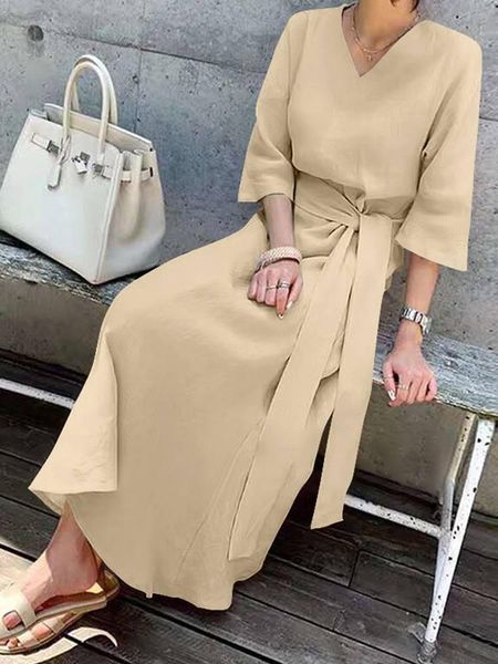

dresses summer solid cotton maxi dress zanzea fashion 3/4 sleeve robe femme 2022 women's v neck vestidos casual belted sundress oversiz, Black;gray