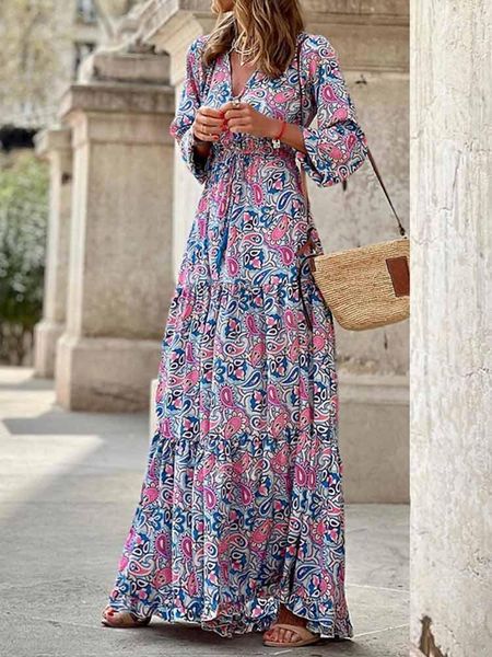 

dresses fashion print boho dress women long dress casual v neck half sleeve retro print beach dresses elegant sundress robe femme, Black;gray